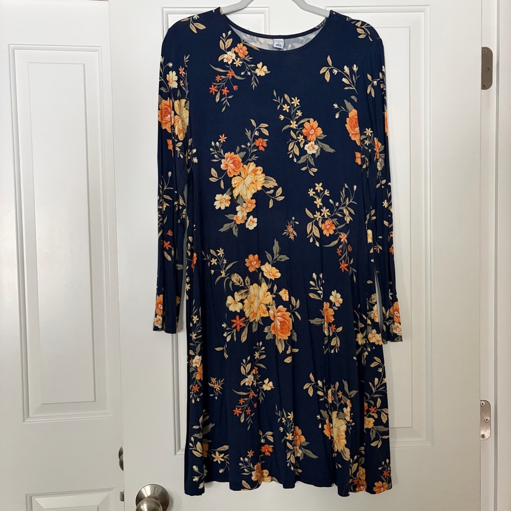Old Navy Navy Floral Long-Sleeve Swing A-line Dress with Yellow & Orange Blooms